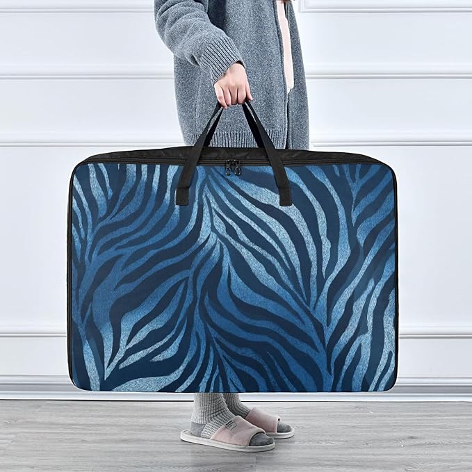 Comforter Storage Bags Large Folding Blanket Organizer Bag with Strong Handles Clear Window Closet Storage Containers for Clothes King Queen Pillows Bedding Quilt Duvet Navy Blue Zebra Print