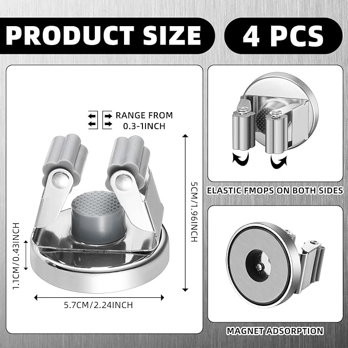 Vercraft 4 Pcs Magnetic Broom Holder Wall Mounted Anti Slip Rack,Silver | Movable Magnetic Organizer for Mops Brooms, Dual Roller Grip, Wall Storage for Garage Kitchen Laundry Garden Tools