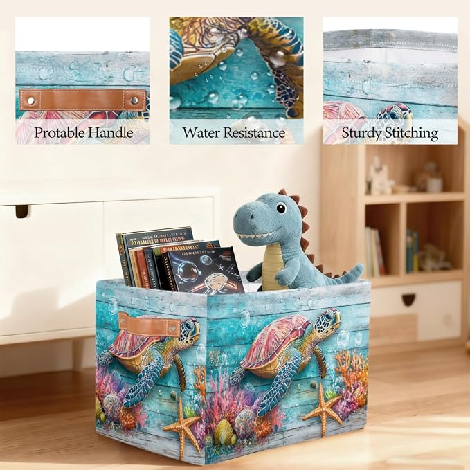 Pardick Storage Baskets Bin, Summer Ocean Turtle Wood Collapsible Canvas Fabric Storage Bin Decorative Baskets Toy Organizer Rectangle Storage Boxes with handles for Home Shelves Nursery,A-4