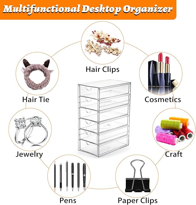 Hipiwe Plastic Drawer Organizer Desktop Storage Box with 6 Pull Out Drawers | Drawers Box for Bathroom, Dresser, Cosmetic Hair Tie Container for Women