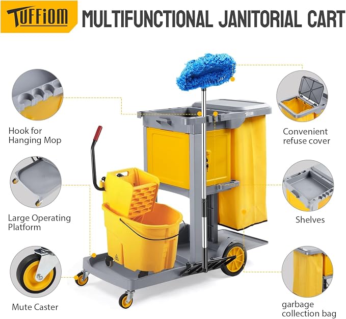 TUFFIOM Multifunctional Janitorial Cart with Key-Locking Cabinet,Cleaning Carts on Wheels,with 15 Gallon Collection Bag,500 lbs Capacity, Yellow&Gray