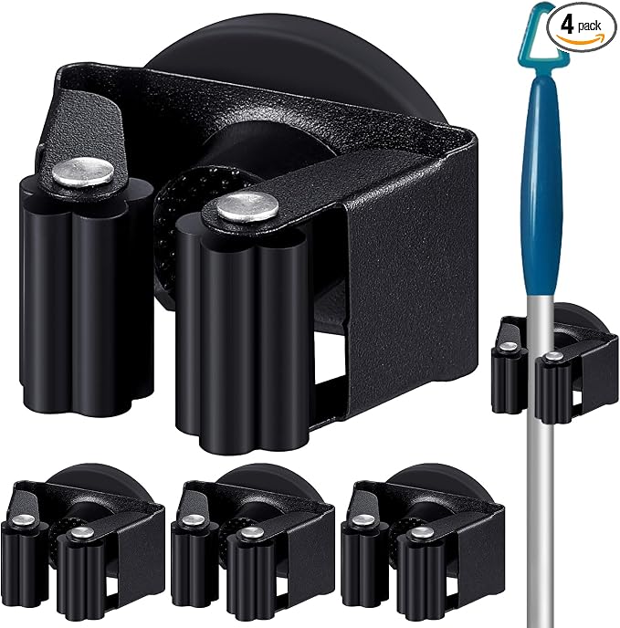 Vercraft 4 Pcs Magnetic Broom Holder Wall Mounted Anti Slip Rack,Black | Movable Magnetic Organizer for Mops Brooms, Dual Roller Grip, Wall Storage for Garage Kitchen Laundry Garden Tools