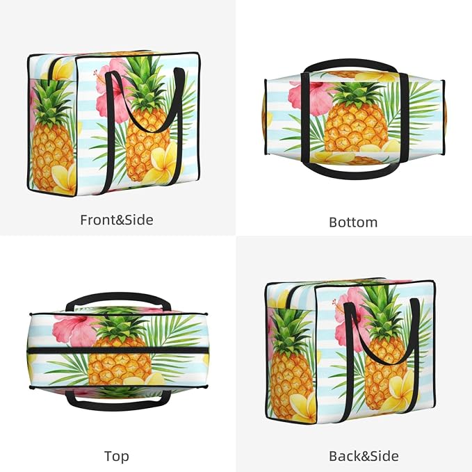 48.7L Moving Totes Pineapple With Tropical Flowers On Blue Stripes, Sturdy Waterproof Storage Totes with Comfortable Carry Handles for Moving & Storage and Seasonal Clothes