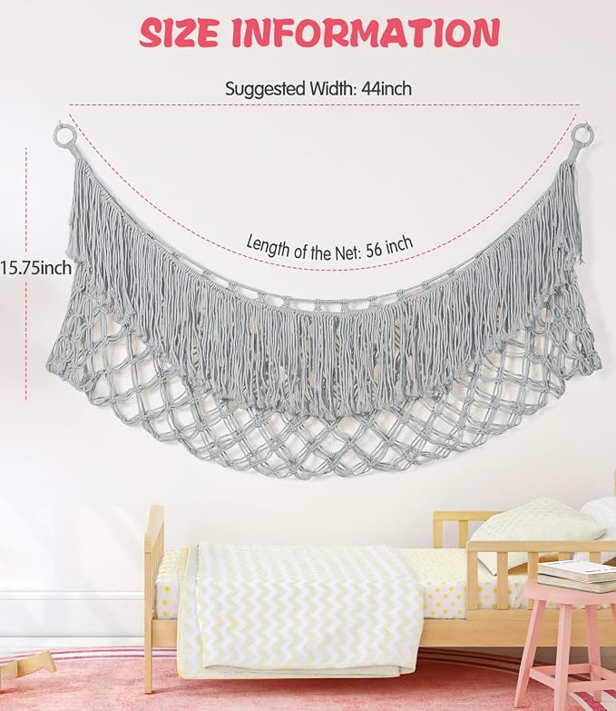 Stuffed Animal Hammock - Extra Large 56'' Long (Light grey) | Premium Cotton Hand-knitted, Beautiful Long Tassel, Storage Hanging Organizer, Can Fit Stuffed Animals 30 Piece or More