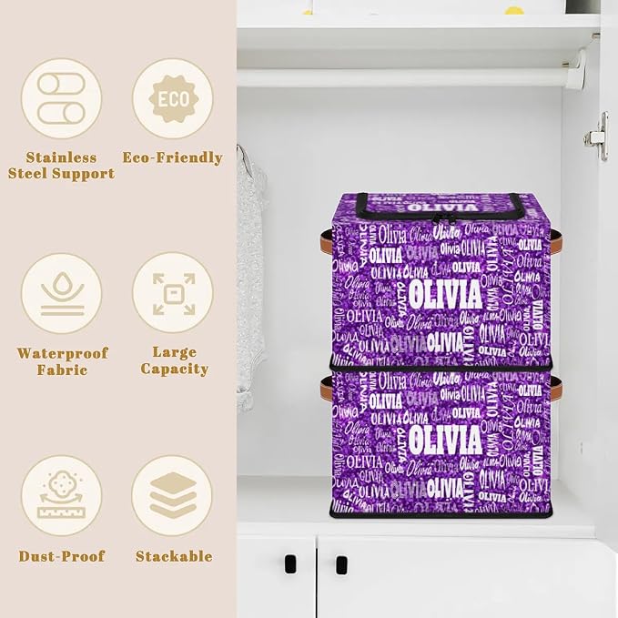 Custom Name Storage Bin with Lid Zipper, Personalized Rectangular Storage Basket with Handles for Organizing Girls Toys Office Closet Shelf Baskets, Bright Color Purple Sequins Pattern Print