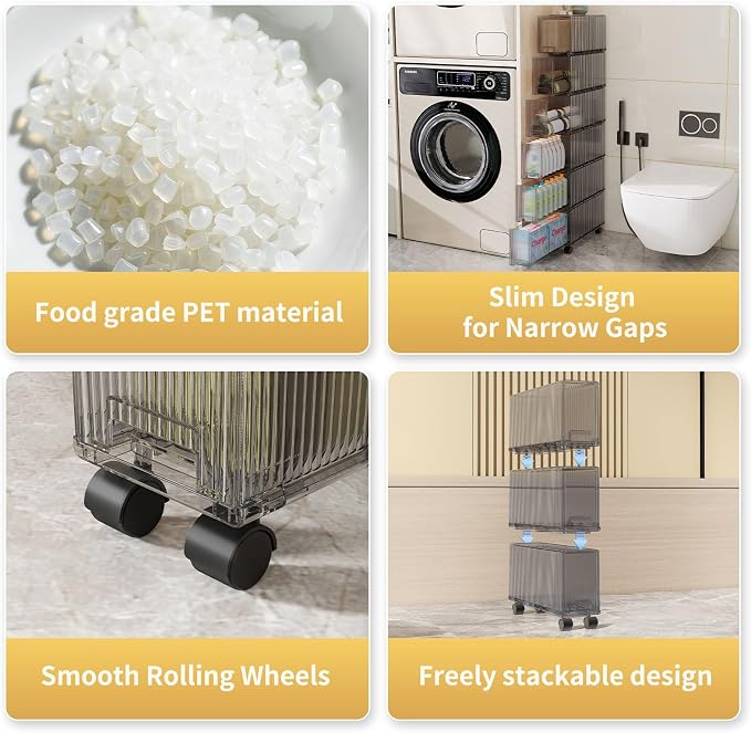 KHNR Slim 6 Tier Bathroom Storage Cabinet with Wheels, Narrow Gap Organizer Shelf, Tower for Shampoo, Towels, Toilet Paper Toiletries, Perfect for Bathroom Corner or Beside Toilet, Clear Grey