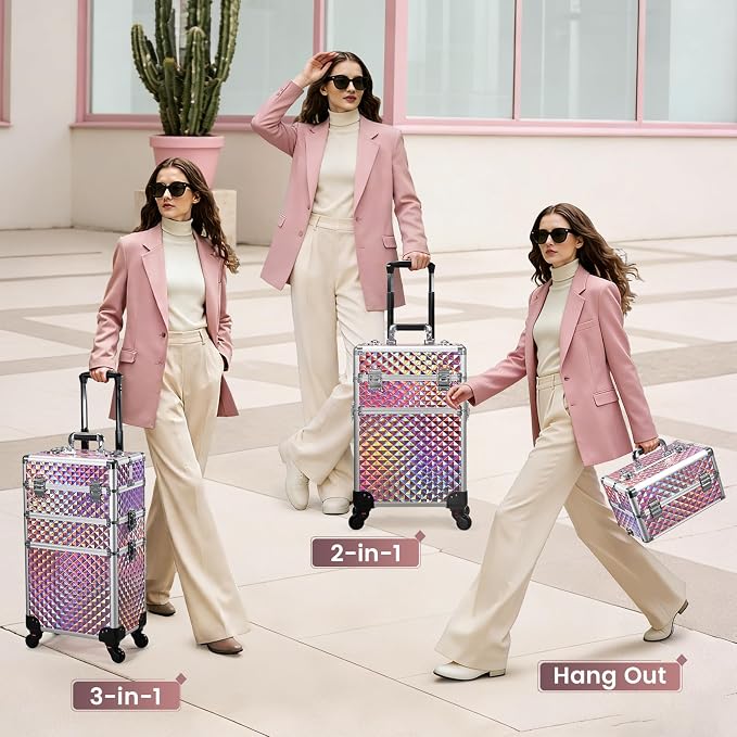 3 in 1 Rolling Makeup Train Case Cosmetology Case on Wheels Pink | Cosmetic Trolley Large Storage with Keys 360° Swivel Salon Barber Case Traveling Cart Trunk for Artist Hairstylists Nail Tech