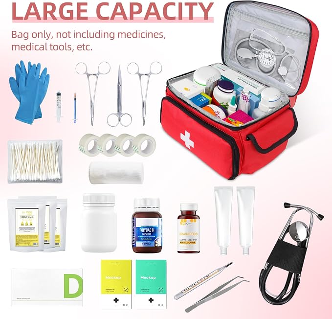 First Aid Bag Empty First Aid Kit Storage Box 12" x 9" x 7" Medical Bag Portable Pill Bottle Organizer Case for Car, Travel, Office, Outdoor, Camping, Hiking, School (Red)