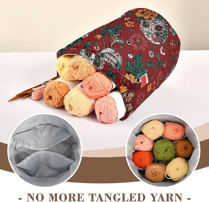 Tatenale Crochet Bag Yarn Bag Knitting Project Bag with Pockets and Handle Portable Yarn Storage Organizer Tangle Free 8.3x11 InchRed Meixcan Flag Skull03