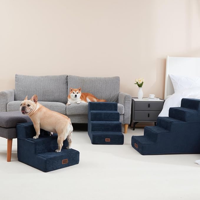 EHEYCIGA Dog Stairs for Small Dogs 13.5" H, 3-Step Dog Steps for Cats, Navy | Pet Steps for Couch Sofa and Chair, Non-Slip Balanced Pet Ramp Indoor