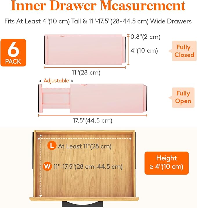 Lifewit 4" High Upgrade Drawer Divider, Adjustable Drawer Organizer Clothes | 6 Pack 11"-17" Expandable Pink Plastic Drawer Separator for Dresser, Kitchen, Closet, Nursery, Office Organization & Storage