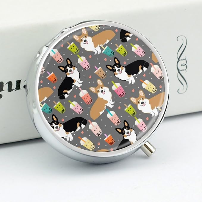 3 Compartment Round Pill Box Portable Metal Travel Pill Organizer | Cute Corgi Pet Pill Case to Hold Vitamins, Medication, Fish Oil and Supplements, Ideal for Purse & Pocket