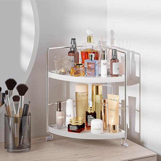 KINGNERWI 2-Tier Bathroom Counter Organizer, Vanity Corner Shelf, Silver | Makeup Skincare Storage Tray, Small Countertop Rack, Stores Cosmetics, Perfume, Seasoning, Fits Sink and Dresser