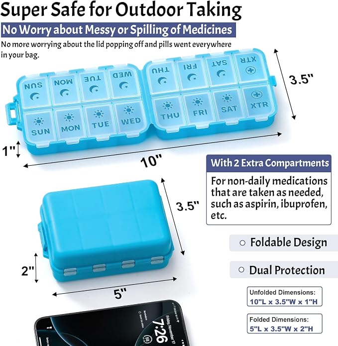 Foldable & Portable Pill Organizer 2 Times A Day with Extra Compartments - Etched Labels - Weekly 7 Day AM PM Medicine Box, Week Daily Travel Pill Case Holder Dispenser for Vitamin, Supplement - Blue