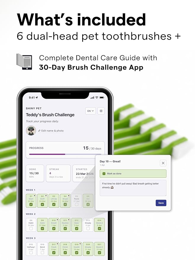 Pet Toothbrush Set of 6 for Dogs & Cats - Dual-Head Dog Toothbrush with Soft Nylon Bristles - Long Handle for Daily Dental Care - Home Use Toothbrush Pack for Small to Large Breed Pets - eBook + App