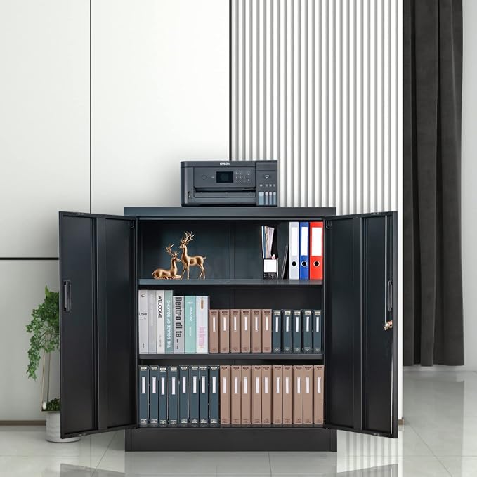 Wanfu Metal Storage Cabinet, 36" H Locking Storage Cabinet with 2 Adjustable Shelves, Metal Cabinets for Garage, Home, Office, Utility Room-Black