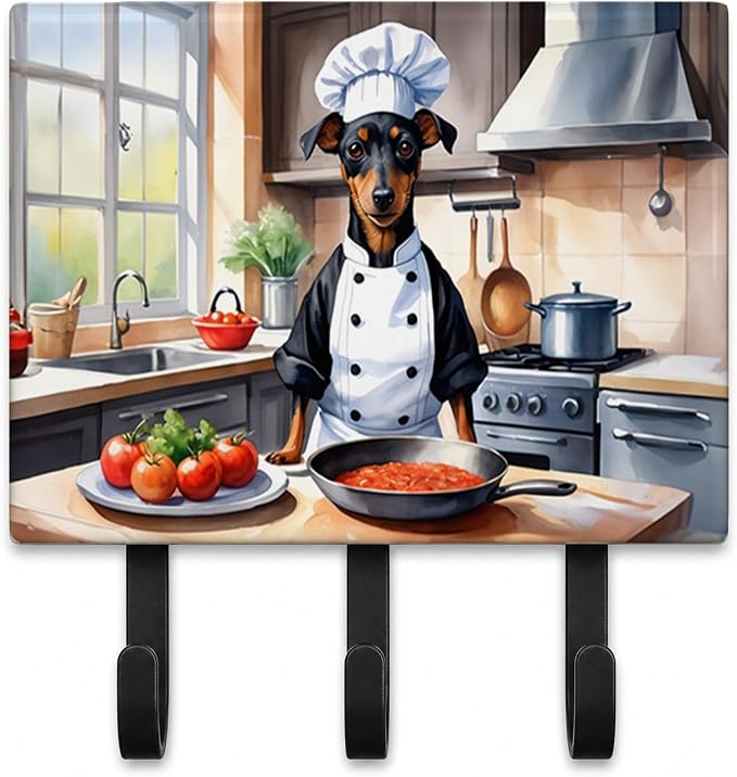 Caroline's Treasures Manchester Terrier The Chef Leash or Key Holder Wall Hooks, Key Hooks Holder, Coat Rack Wall Mount, Coat Hooks, Hooks for Hanging Keys, Towels, Aprons, Leashes | Manchester Terrier The Chef artwork on ceramic tile with three steel ...