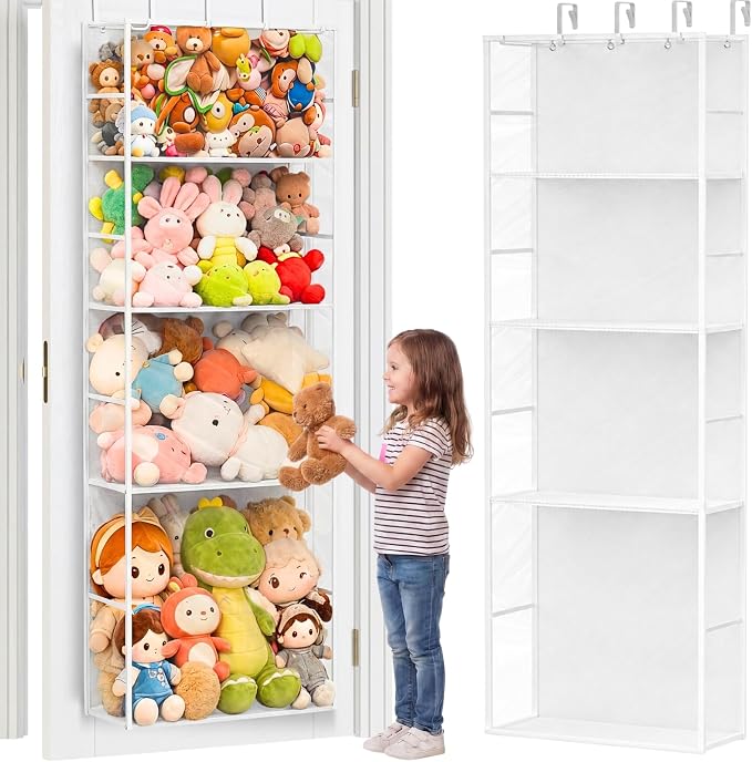 Over the Door Stuffed Animal Storage with Clear Dust Cover | 4 Tier Extra Large Hanging Toy Organizer for Plush Toys, Nursery Bedroom and Kids Room Storage