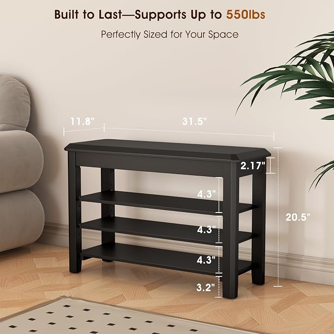IUNVR Shoe Rack Bench Seat Rubberwood 3-Tier Wooden Storage Bench 550lbs Compact Mid-Century Modern Design for Entryway, Hallway, Closet, Front Door Entrance, Foyer