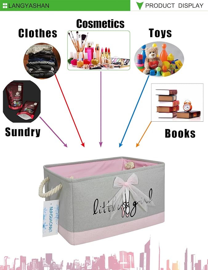 Rectangular Thick Pink Storage Bin Household for Closet Kitchen Office Lace | Foldable Space Saving Canvas Fabric Laundry Hamper with Handles Organizer for Boys Girls Bedroom Shelf Gifts Baskets