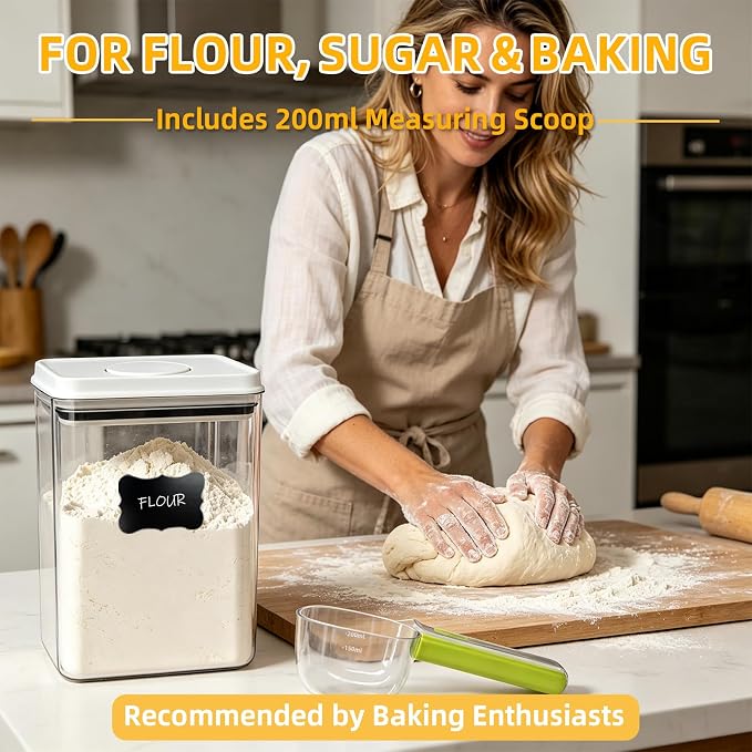 Pop Push Button Airtight Food Storage Containers Baking Set 5 Pcs | BPA-Free Stackable Canisters with Scoops – 3 Sizes for Flour, Sugar, Baking Soda, Cocoa Powder, Pantry & Baking Essentials