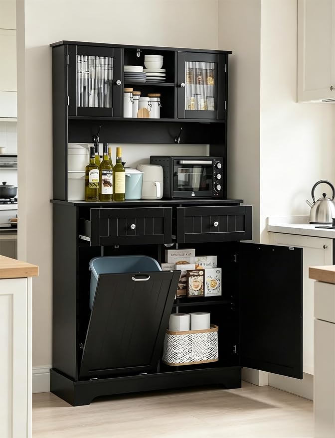68.4" Kitchen Pantry Storage Cabinet, Freestanding Cupboard with Shelf, 2 Drawers and 1 Tilt Out Trash Cabinet, Tall Cabinets for Kitchen, Dinning Room, Living Room (Glossy Black, Single Tilt)