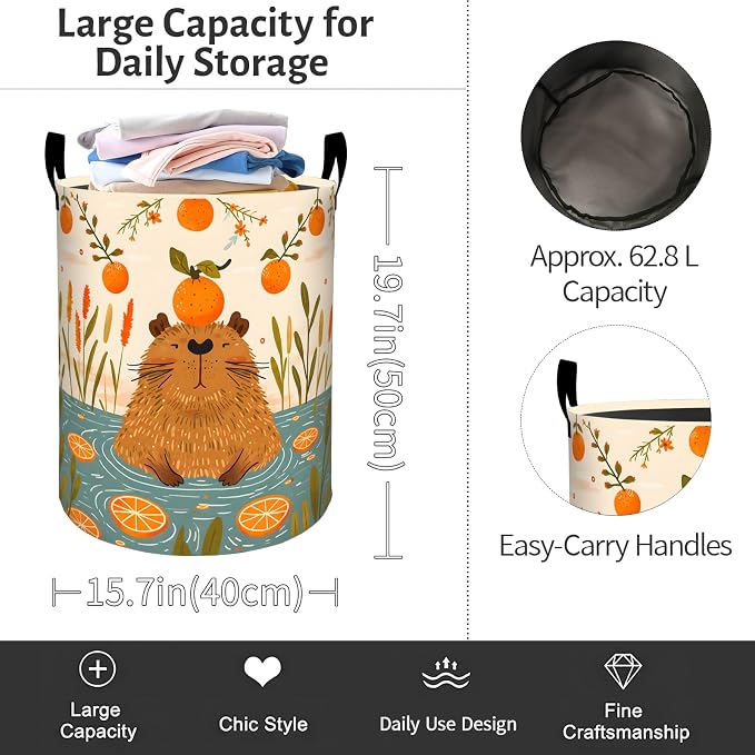 Capybara Laundry Basket, Cute Orange Fruit Foldable Oxford Cloth, Waterproof Dirty Clothes Hamper with Handles, Clothing Storage Bin Toy Organizer for Bedroom Dorm Bathroom, 19.7"x15.7"