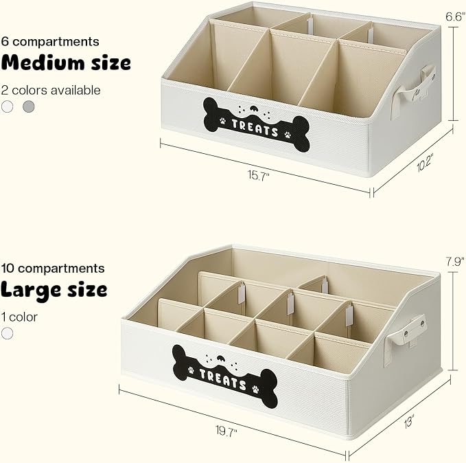 Dog Treat Container, Dogs Storage Organizer with Removable Dividers, Collapsible Dogs Treat Holder for Countertop, Trapezoid Pet Treats Containers, Dog Toy Basket with PU Handles, Large, Beige