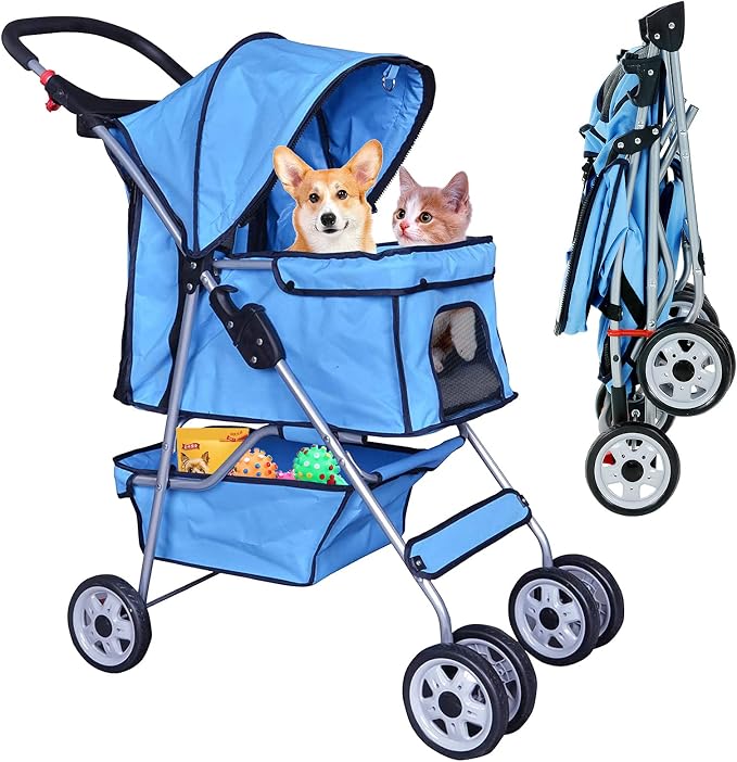 4 Wheels Pet Stroller for Dog and Cat Stroller, Lightweight and Foldable Carrier Strolling Cart W/Cup Holders Removable Liner for Small and Medium Dog Cat - Blue