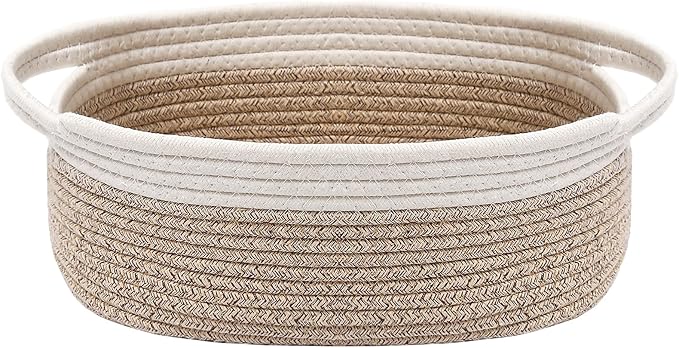 JMvicyroam Small Woven Basket, Empty Gift Basket, White&Oatmeal/1 Pack | Small Gift Basket, Cotton Rope, 12 x 8 x 72 in, Handles, Includes Ribbon and Bag, Birthday Gift Basket