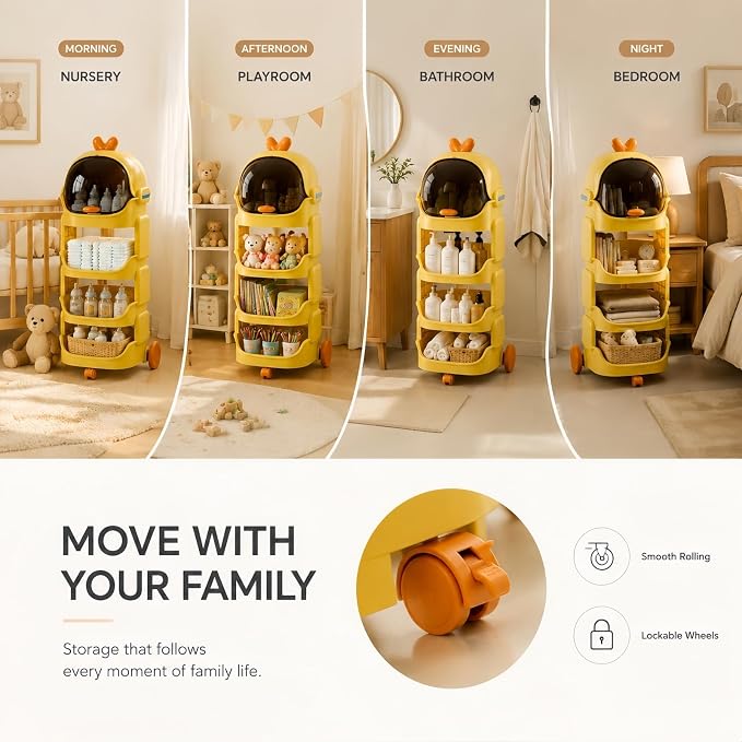 Rolling Toy Organizer with Lockable Wheels, 4-Tier Large Storage Shelf with Dustproof Top Bin, Mobile Kids Organizer for Toys, Books, Baby Essentials, Playroom, Nursery & Classroom