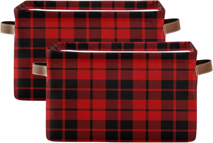 AUUXVA Storage Basket Red Black Christmas Buffalo Plaid Check Storage Cube Box Durable Canvas Collapsible Toy Basket Organizer Bin with Handles for Shelf Closet Bedroom Home Office