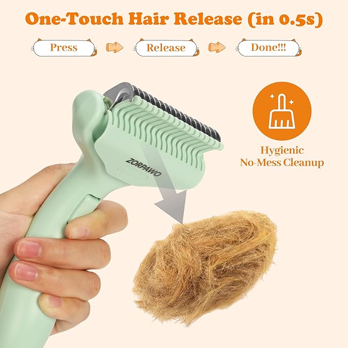 Undercoat Rake & Self-Cleaning Deshedding Brush for Dogs & Cats, Removes Mats & 95% Loose Hair, Grooming Tool for Long Hair Pets - Green