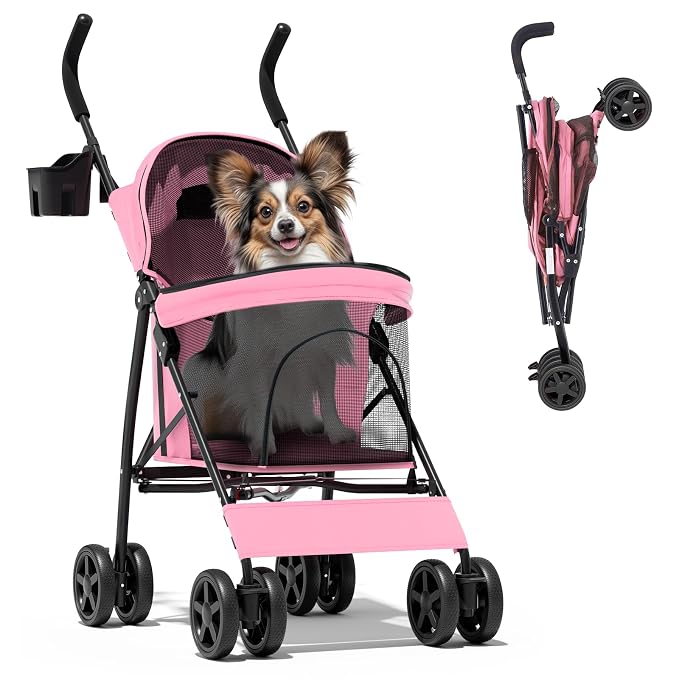 Magshion Compact Fold Pet Travel Stroller for Small Dogs Cats, Pink | Up to 22lbs, 4-Wheel Lightweight Umbrella Shaped Design, Safety Tethers, Breathable Mesh, Cup Holder & Rear Storage