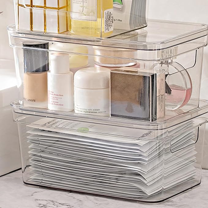 SEWACC Desktop Storage Organizer Box with Protective Lid, Stackable Pet Makeup and Beauty Products Container for School and Bathroom Use, Wear and Break Resistant