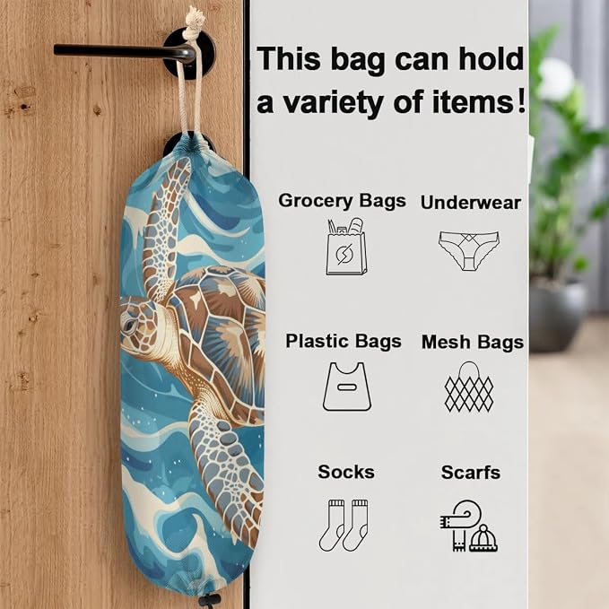 Animal Sea Turtle Blue Plastic Bag Holder Washable Grocery Bag Storage Dispenser Reusable Hanging Shopping Bags Carrier Wall Mount Plastic Bag Organizer for Home Kitchen Decor