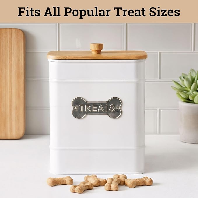 Dog Treat Container Airtight, 6"W x 8"H, Powder Coated, 12 Cup Capacity | Fits All Popular Treats, 12 Cup Capacity, Airtight Bamboo Lid, Easy Open Lid, Dent-Resistant Durable Metal
