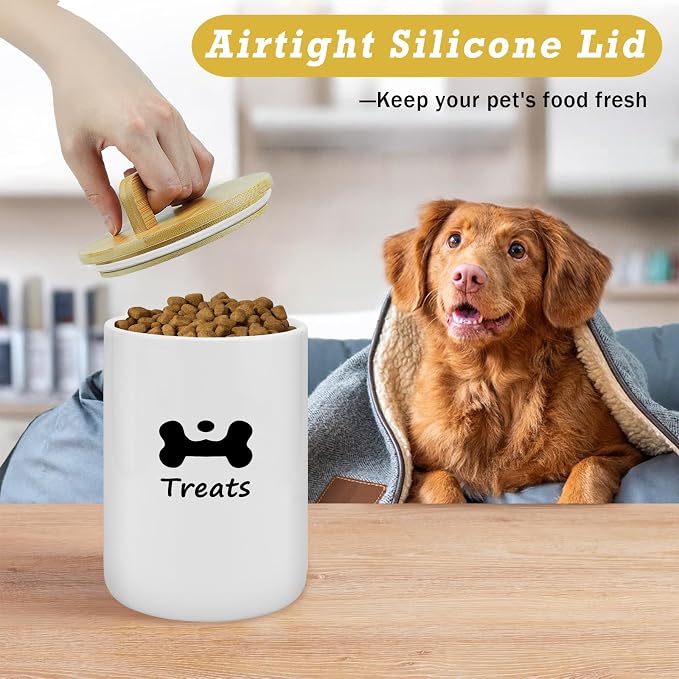 Dog Treat Container Airtight - 5 Inch Wide x 8.7 Inch White Ceramic Dog Treat Jar for Kitchen Counter, Doggie Cookie Jar with Airtight Bamboo Lid - Farmhouse Style Dog Food Storage Container
