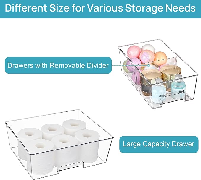 Vtopmart Clear Stackable Storage Drawers, 5 Pack Wide Storage Set | Wide and Small Pull-Out PET Drawers Designed for Large and Small Item Sorting, Cabinets, Closets, Pantry