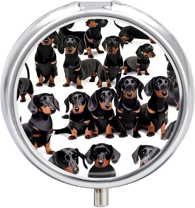 Dachshund Weiner Pet Dog Round Metal Pill Organizer 3 Compartment Travel Pill Case with Mirror Waterproof & Leak-Proof for Daily Meds Vitamins Supplements Fits in Purse Pocket Bag