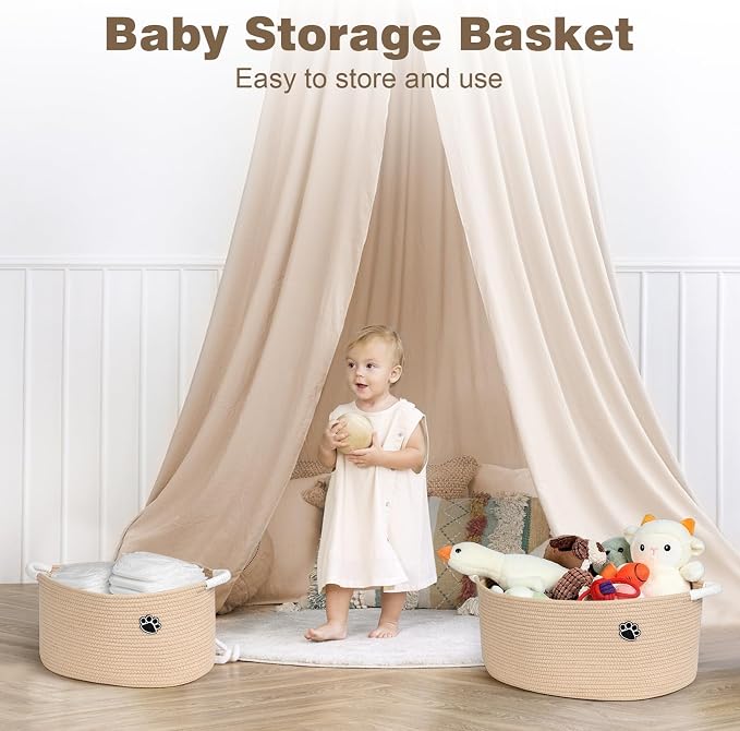 Optish 25L Dog Toy Basket,16.5" x 11" x 9" Medium Toy Storage Box and Bin with Handles, Woven Rope Foldable Basket for Blankets, Living Room, Bedroom, Home Decor, Camel