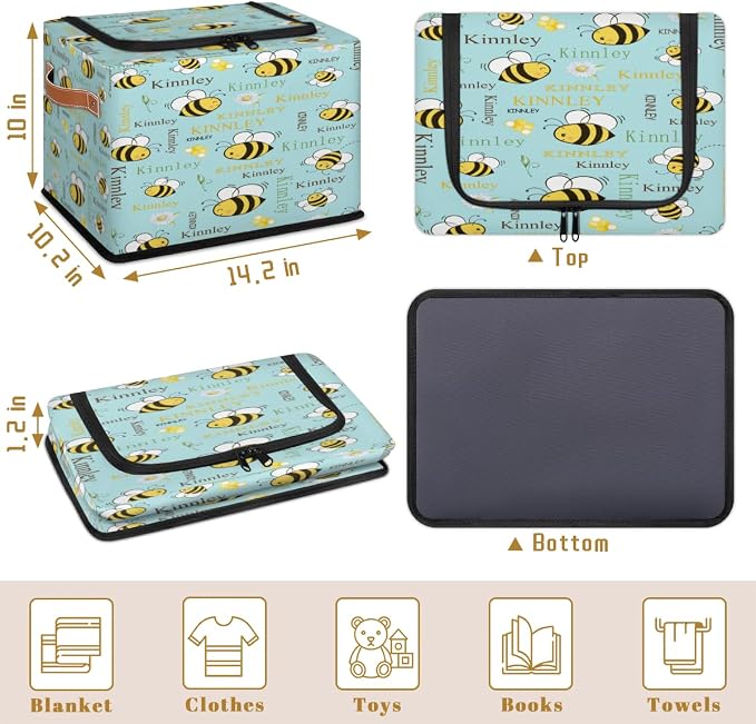 Personalized Red Storage Bins with Zipper Lid, Customized Name Storage Basket Rectangle Clothes Organizer for Kids Pets Toys Shelf Closet, Cartoon Bee with Daisy Floral Light Turquoise