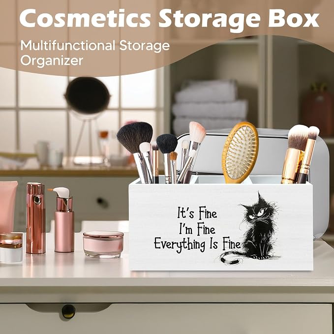 DILSJ Funny Black Cat Pen Pencil Holder Organizer for Desk, Cat Lovers Gifts, Funny Office Decor, It's Fine Everything Is Fine Wooden Box Signs for Office Workplace Desk Tabletop Decoration