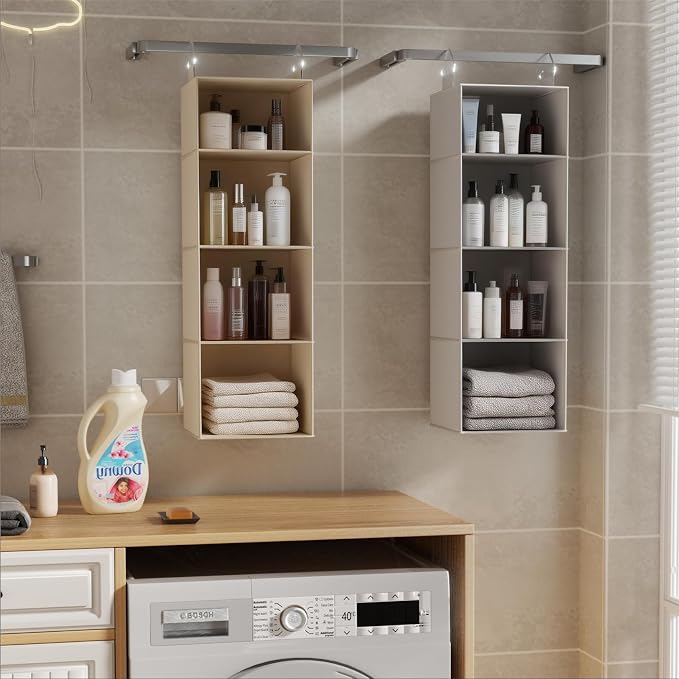 Hanging Closet Organizer with Bamboo Shelves - Foldable Closet Storage for Baby Clothes, Towels, Scarves,Space Saving Shelves Organizer (White)