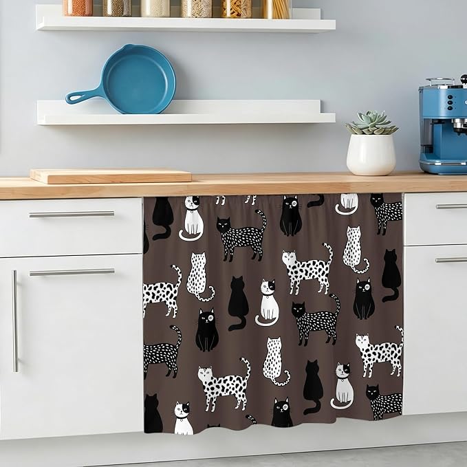 Cat Animal Cabinet Curtain 28"Wx35"L, Dustproof Under Sink Skirt with Self Adhesive Tape, Black White Earthy Tone Vintage Pet Cabinet Curtain Cover for Bathroom Vanity, Kitchen Sink, Laundry Room