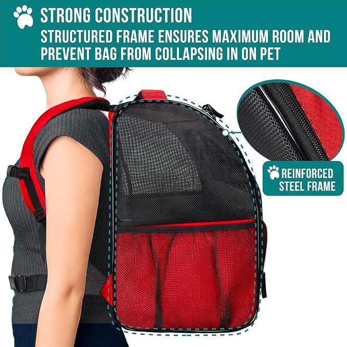 PetAmi Dog Backpack Carrier Airline Approved Cat Pet Puppy Bag, Red | Ideal for Small Medium Large Pet up to 18 lb, 2 Side Entry Structured No-Collapse Frame, Ventilated Bookbag for Hiking Travel