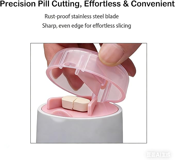 3-in-1 Pill Crusher and Cutter with Storage, BPA-Free Pill Grinder for Fine Powder, Stainless Steel Blade & Grinding Head, Portable Pill Splitter for Elderly, Pets, Travel (Pink)
