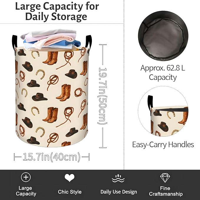 Western Cowboy Laundry Basket, Boot Hat and Rope Foldable Oxford Cloth, Waterproof Dirty Clothes Hamper with Handles, Clothing Storage Bin Toy Organizer for Bedroom Dorm Bathroom, 19.7"x15.7"