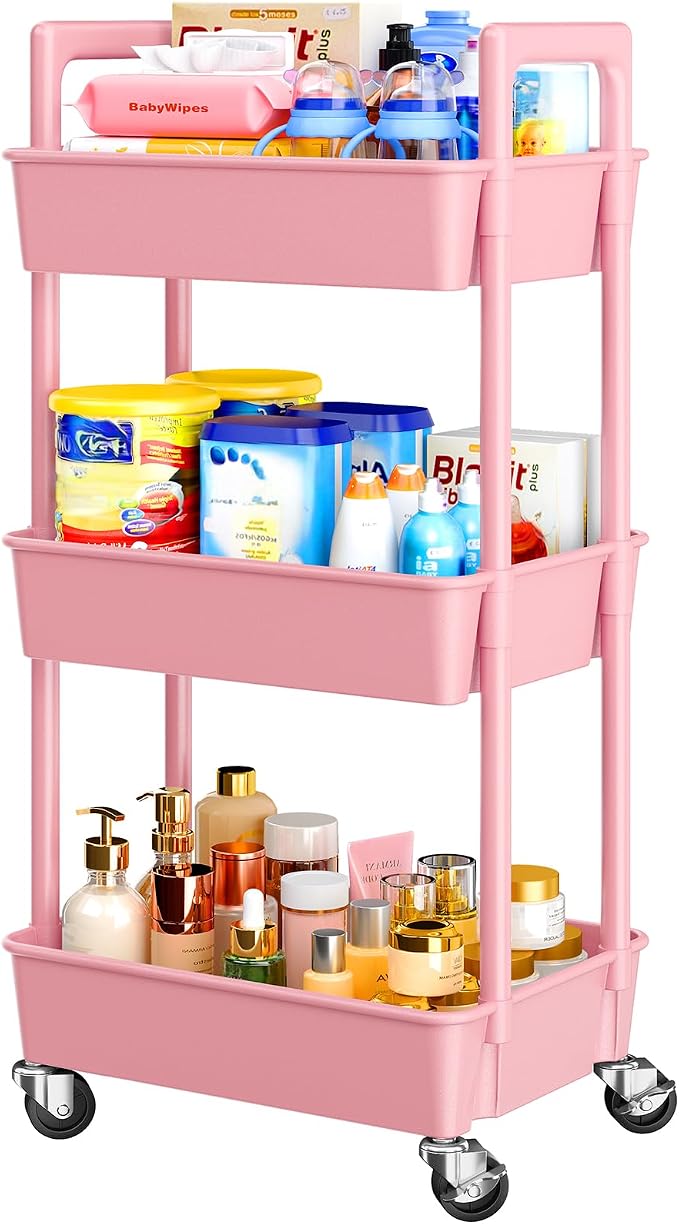Pipishell 3 Tier Rolling Cart Organizer, Plastic Rolling Cart with Lockable Wheels & Reinforced Handle, Lightweight Utility Storage Cart for Nursery, Kitchen, Craft Room, Pink