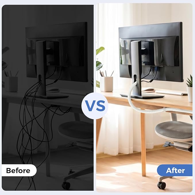 Delamu 30ft - 1/2 inch Cable Sleeve Cord Protector from Pets No Chew, Split-Braided PVC Wire Loom Tubing for Desk Computer USB TV Cord Organizer, Easy Set-up Cable Management Sleeve Kit, White